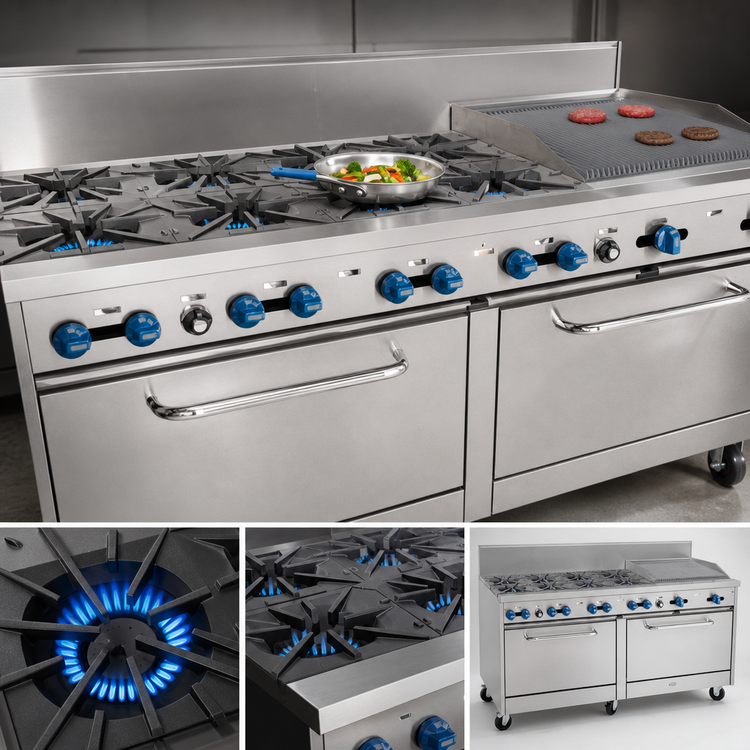 Product image #3 for Comstock-Castle 72-Inch Commercial Gas Range with 8 Open Burners, 24-Inch Char-Broiler, and 2 Extra-Wide Ovens