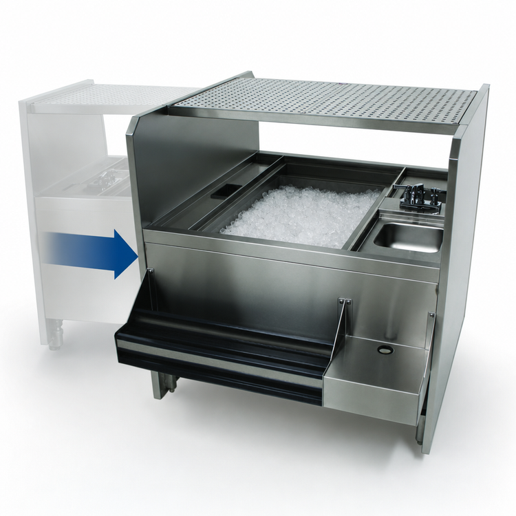 Product image #3 for Advance Tabco Prestige Supreme 44 x 42 in. Double Service Station with Pass-Thru Ice Bin, 10-Circuit Cold Plate, and Dual Hand Sinks