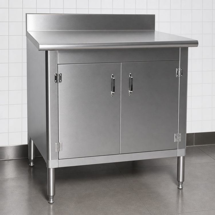 Product image #3 for Eagle Group 48" x 30" Enclosed Work Table with Cabinet Kit, 430 Stainless Steel Top, Hinged Doors, and Backsplash