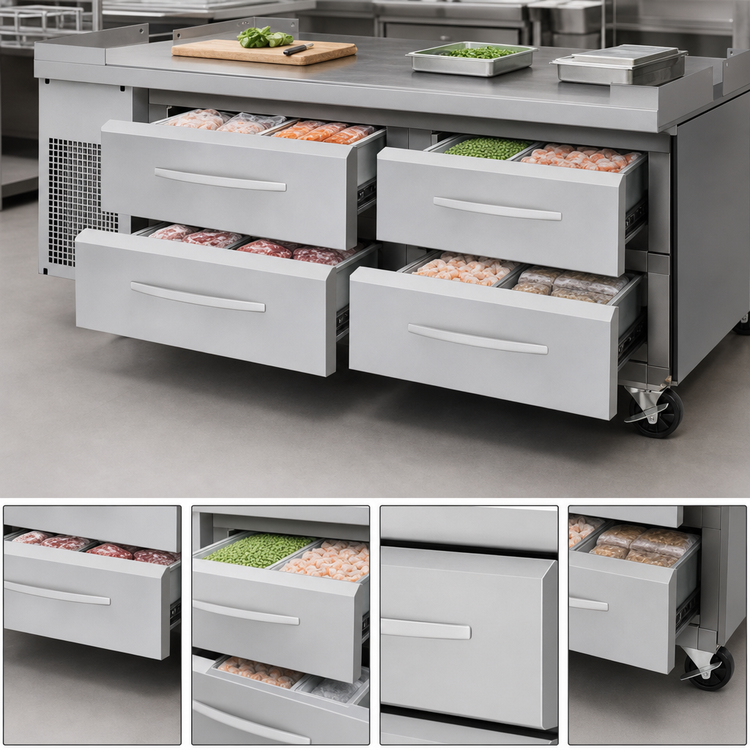Product image #3 for Turbo Air PRO Series Two-Section 4-Drawer Freezer Chef Base with Stainless Steel Flat Top