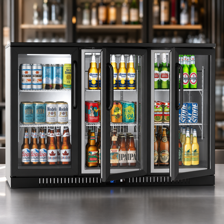 Product image #3 for KoolMore 53-Inch Three-Section Back Bar Refrigerator with 3 Glass Swing Doors, 11.3 Cu. Ft., Black