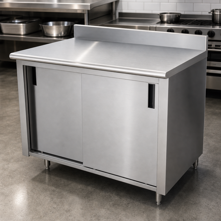 Product image #3 for Advance Tabco Special Value Series Enclosed Work Table with Cabinet Base, Sliding Doors, 48 x 24 x 40.5 Inches, 16 Gauge 304 Stainless Steel Top, 5-Inch Backsplash