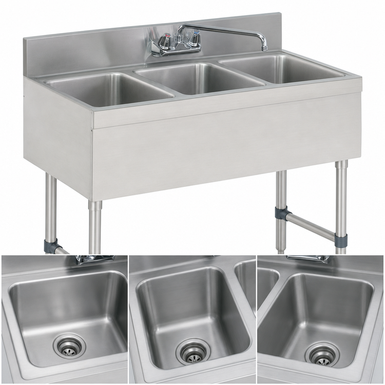 Product image #3 for 3-Compartment Stainless Steel Bar Sink with Splash-Mounted Faucet, No Drainboards, 36 x 18 x 33 Inches