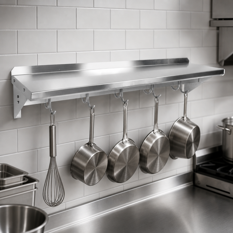 Product image #3 for John Boos Stallion Wall-Mounted Pot Rack Shelf, 36 x 16 x 13 Inch, 14-Gauge Stainless Steel