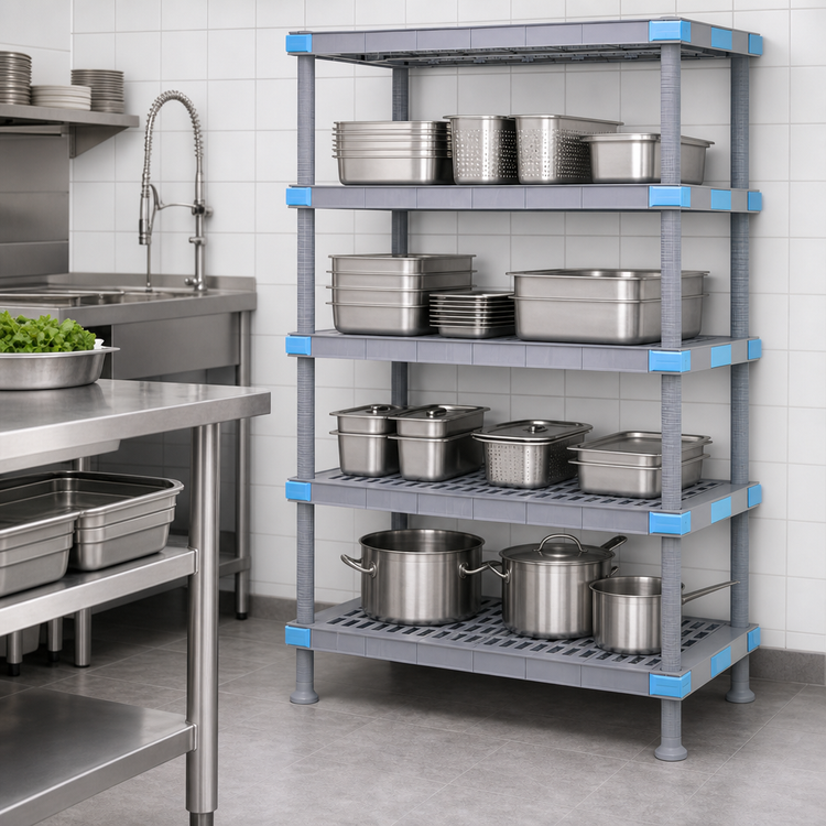Product image #3 for Millenia Polymer Stationary Starter Shelving Unit with 4 Open Grid Shelves, 48"W x 21"D x 86"H, Gray