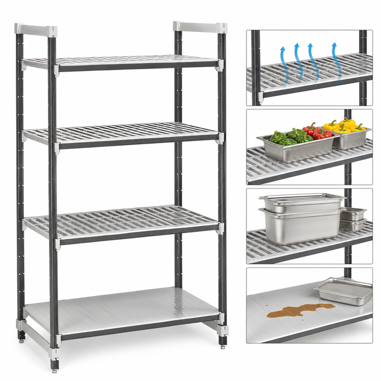 Product image #3 for Cambro Camshelving Elements XTRA 4-Tier Stationary Starter Shelving Unit, 18" x 30" x 64", Speckled Gray, 3 Vented + 1 Solid