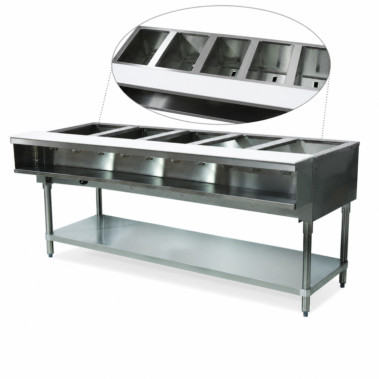 Product image #3 for Advance Tabco Triumph Supreme 5-Well Natural Gas Water Bath Hot Food Table with Open Base and Undershelf
