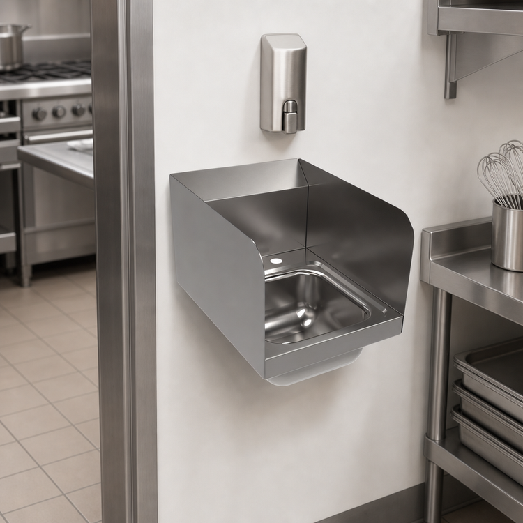Product image #3 for BK Resources Space Saver Wall-Mounted Hand Sink with Side Splashes, 9" x 9" x 5" Bowl, 304 Stainless Steel