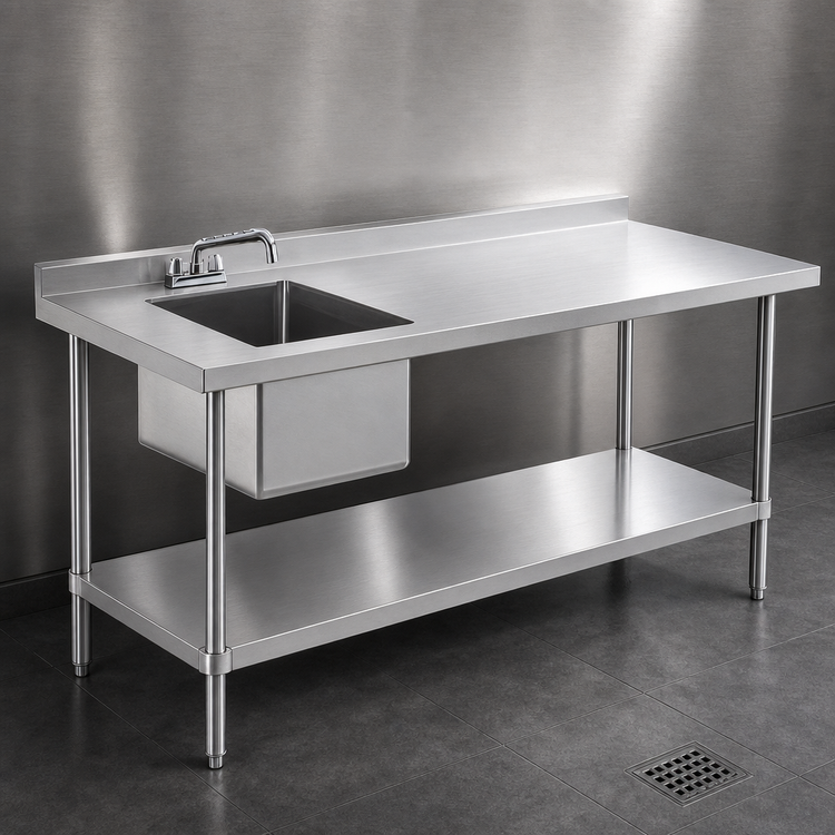 Product image #3 for Steel Works Stainless 72-Inch x 30-Inch Stainless Steel Sink Table with Single Bowl, Backsplash, and Undershelf