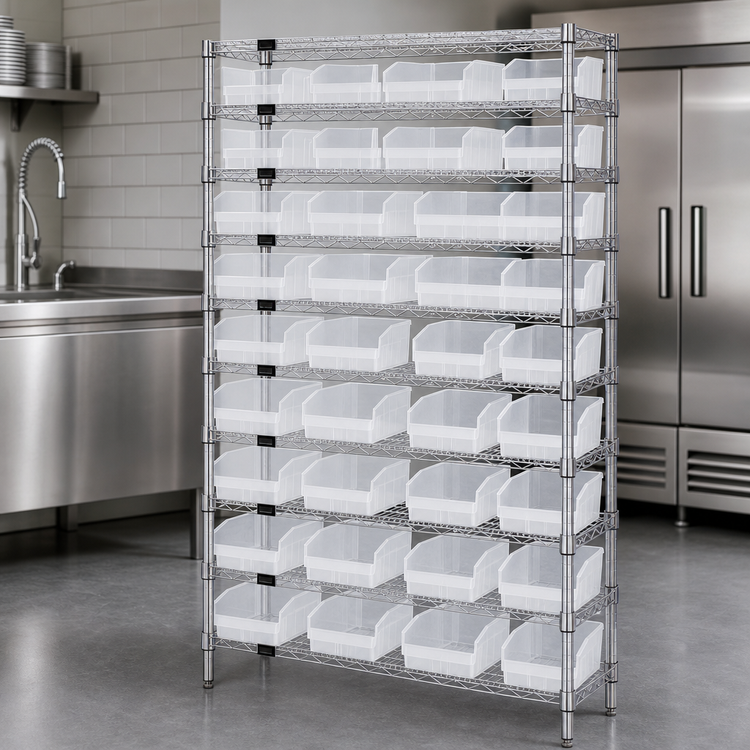 Product image #3 for Quantum 36 Inch W x 18 Inch D x 74 Inch H Chrome Plated Stationary Bin Wire Shelving System with 33 Clear Bins