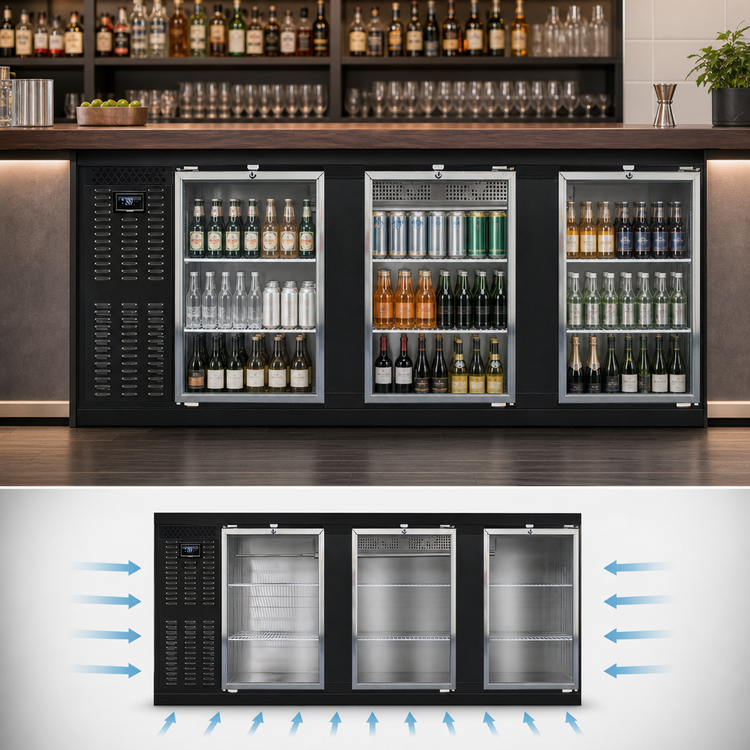 Product image #3 for Continental Refrigerator BB90NGD 90" Black Enamel Triple Glass Door Back Bar Cooler
