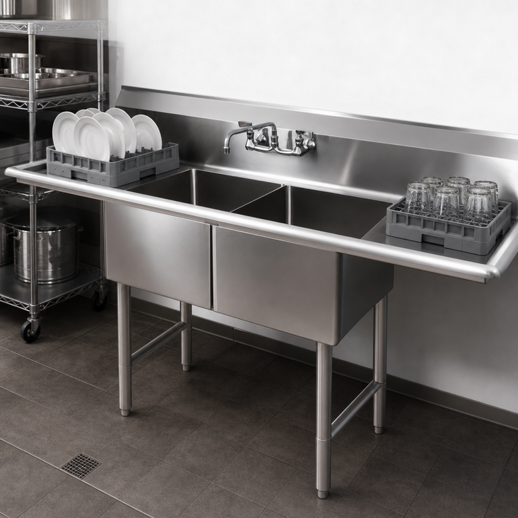 Product image #3 for BK Resources 18-Gauge 2-Compartment Stainless Steel Sink with Left and Right Drainboards, 76 Inch Wide