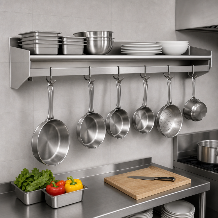 Product image #3 for Eagle Group Wall-Mount Stainless Steel Pot Rack Wall Shelf with Removable Hooks, 144 Inch W x 10 Inch D