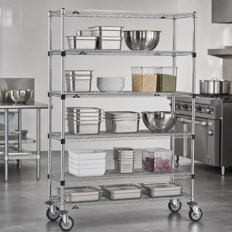 Product image #3 for Metro Super Erecta 5-Tier Wire Shelf Stem Caster Cart, 48 x 18 x 68 Inches, Chrome Plated