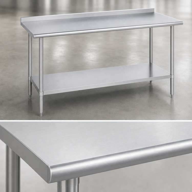 Product image #3 for Duke Supreme 14 Gauge 300 Series Stainless Steel Work Table with 1-1/8" Straight Riser, Stainless Base, 30" x 72"