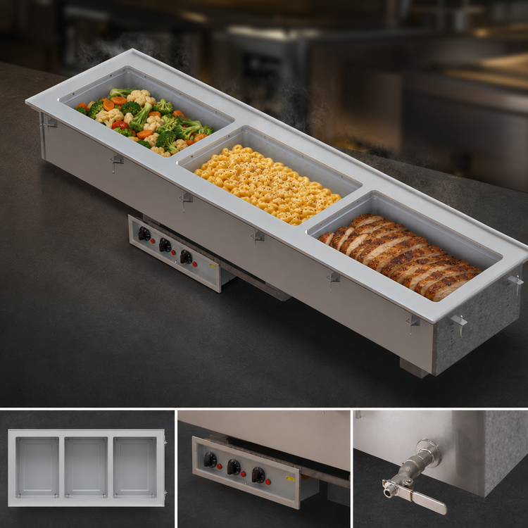 Product image #3 for Vollrath Short-Side 3-Pan Drop-In Hot Well with Marine-Grade 316 Stainless Wells, Thermostatic Controls, and Manifold Drain