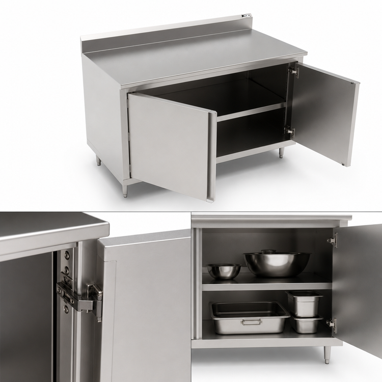 Product image #3 for John Boos Enclosed Work Table with Hinged Door Cabinet Base, 36 x 24 Inches, 14-Gauge 300 Series Stainless Steel Top, 5-Inch Backsplash