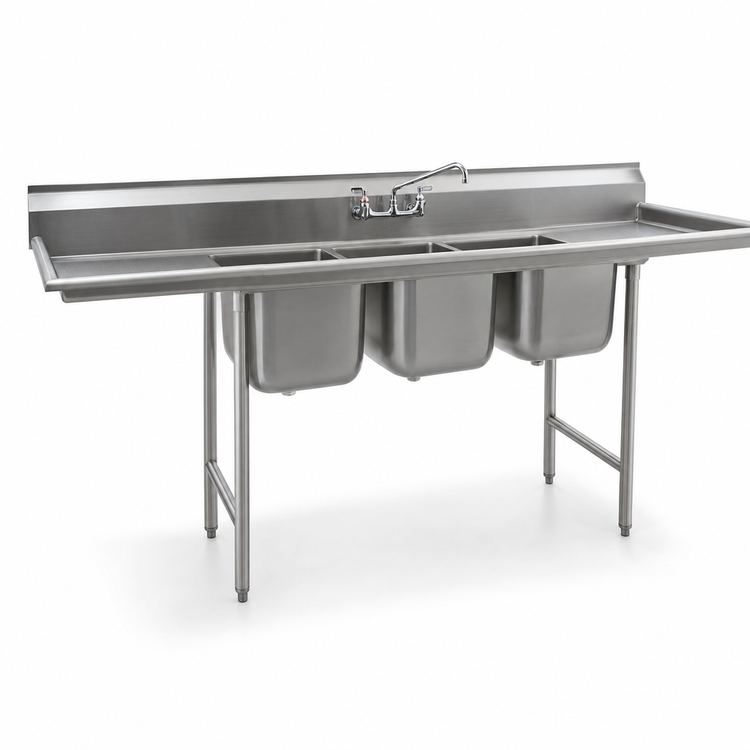 Product image #3 for Eagle Group 414 Series 102-Inch Wide Coved Corner Three-Compartment Sink with Dual 24-Inch Drainboards