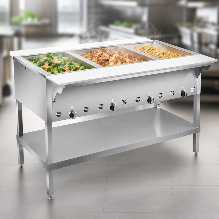 Product image #3 for Klinger's Trading HF3H Gas 3-Well Dry Heat Steam Table with Open Shelf Base and Cutting Board
