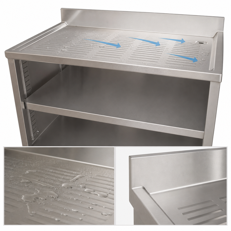 Product image #4 for BK Resources 48-Inch Stainless Steel Underbar Glass Rack Unit with Drainboard Top, Open Front Base, and Adjustable Shelf