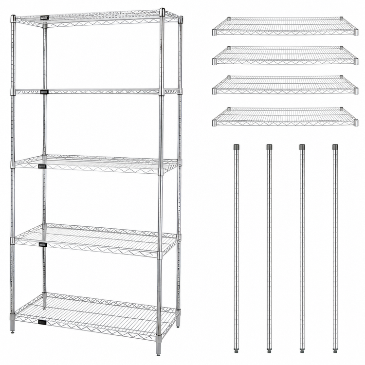 Product image #3 for Quantum 42"W x 30"D x 74"H Wire Shelving Starter Kit, 5 Shelves, Chrome-Plated Stationary Unit