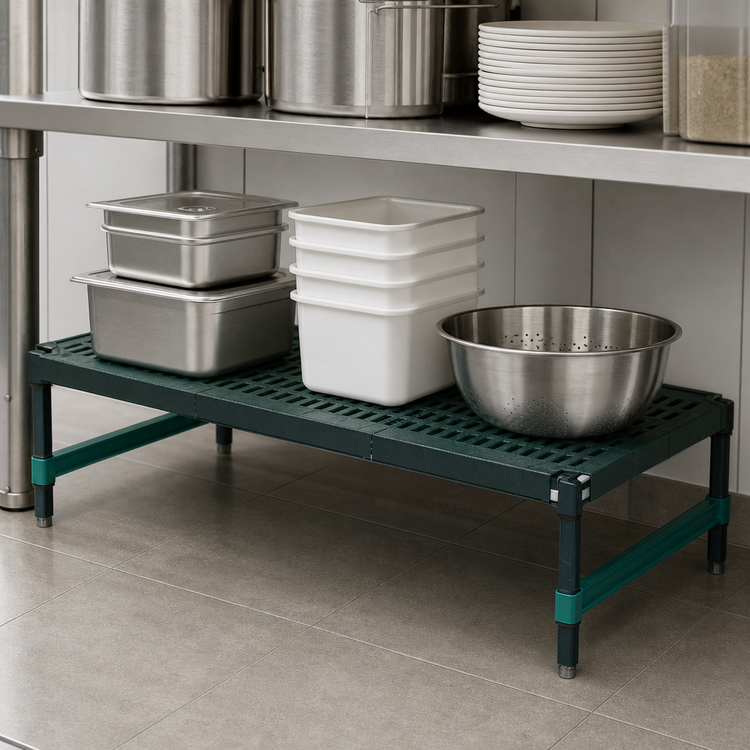 Product image #3 for QuadPlus Stationary Dunnage Rack with 3-Sided Frame and Louvered Polypropylene Mat, 60 x 21 x 14 in., 1,000 lb. Capacity
