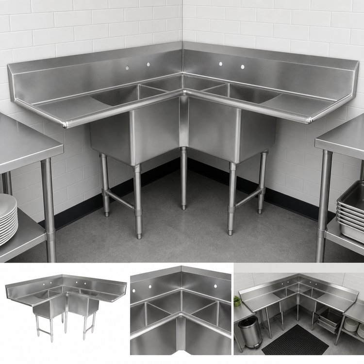Product image #3 for John Boos Pro-Bowl 3-Compartment Corner Sink with Dual 30-Inch Drainboards, 16-Gauge Stainless Steel