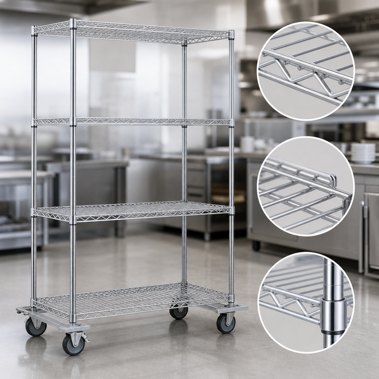 Product image #3 for Eagle Group 36" x 18" 4-Tier Chrome Wire Shelving Dolly Truck with 5" Poly Swivel Casters