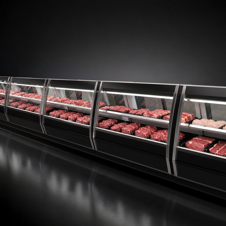 Product image #3 for Howard-McCray 40E Series 148-1/2-Inch Remote Red Meat Service Case with LED Lighting, Endless Design, Black Exterior, White Interior