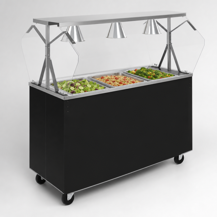 Product image #3 for Vollrath 2-Series Affordable Portable 46-Inch Mobile 3-Pan Non-Refrigerated Cold Food Station with Buffet-Style Acrylic Breath Guard and Open Storage Base, Black