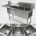 Thumbnail image #3 for John Boos Pro-Bowl 3PB16204-1D30L 3-Compartment Stainless Steel Sink with 30-Inch Left Drainboard, 14-Inch Deep Bowls, 10-Inch Backsplash