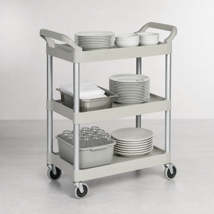 Product image #3 for Rubbermaid Commercial Products 3-Shelf Plastic Utility Bus Cart, Off White, 200 lb. Capacity