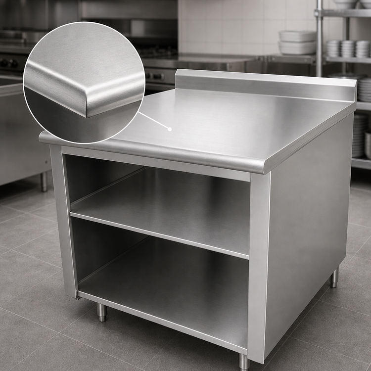Product image #3 for Advance Tabco 108-Inch x 24-Inch Stainless Steel Work Table with Open Front Cabinet Base, Mid-Shelf, and 1-1/2-Inch Rear Up-Turn