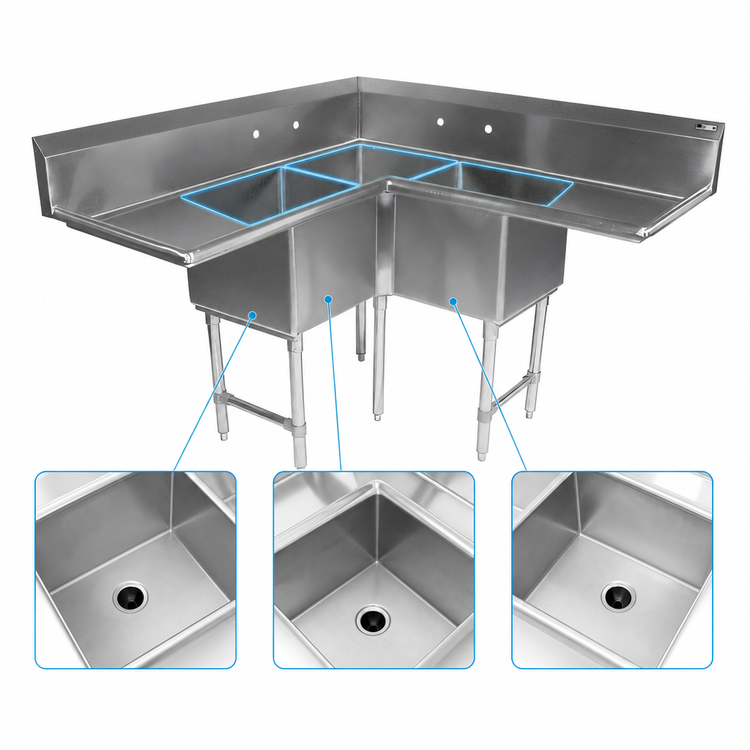 Product image #3 for John Boos Pro-Bowl 3-Compartment Corner Sink with Dual 24-Inch Drainboards