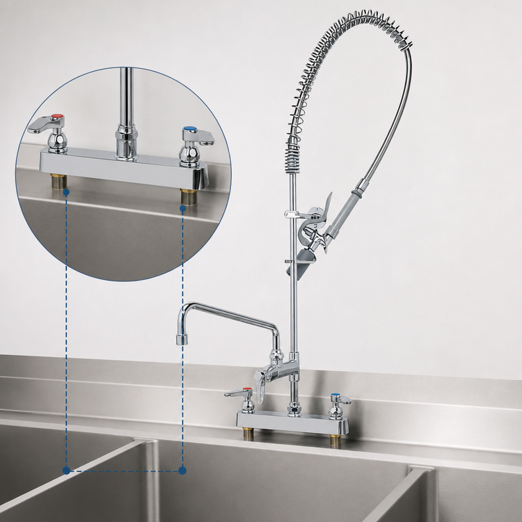 Product image #3 for T&S Brass EasyInstall 8" Deck Mount Workboard Pre-Rinse Add-On Faucet with 12" Swing Nozzle and 1.07 GPM Spray Valve