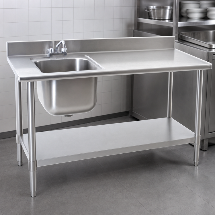 Product image #3 for Eagle Group Deluxe Stainless Steel Sink Work Table, 96" x 30", Right Bowl, 4-1/2" Backsplash