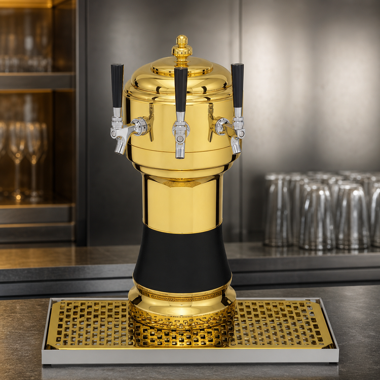 Product image #3 for Glastender Zeus 3-Faucet Mirror Finish Air-Cooled Countertop Draft Dispensing Tower with Drain Pan