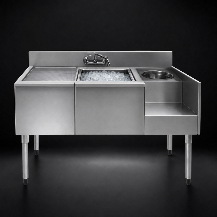 Product image #3 for 1800 Series 62-Inch Stainless Steel Underbar Beverage Station with Drainboard, Center Ice Bin, and Right Blender Recess