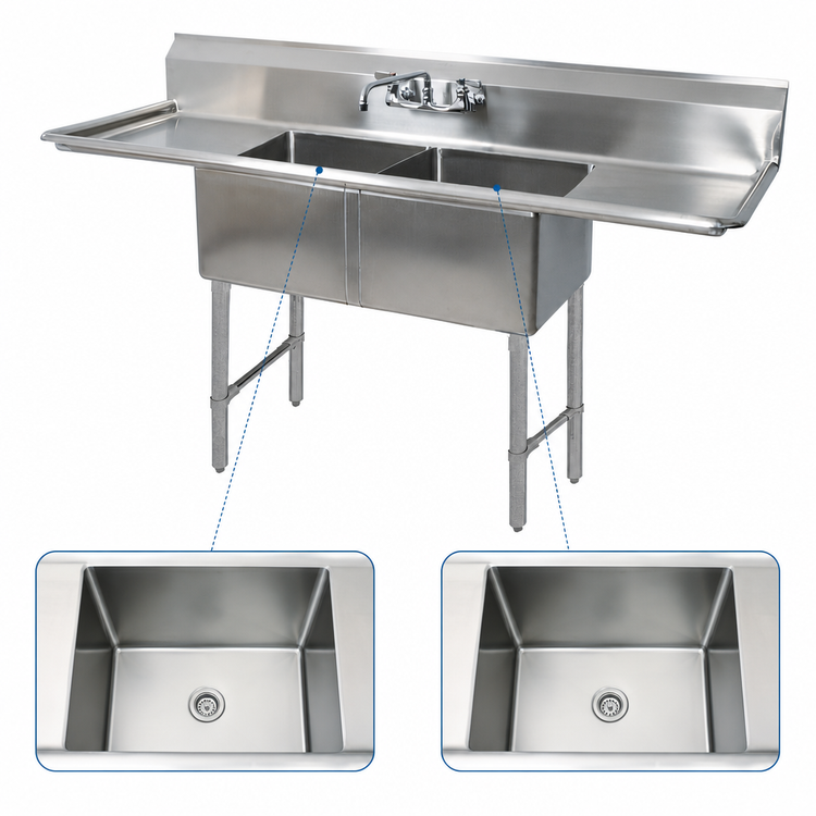 Product image #3 for 72-Inch Two-Compartment Stainless Steel Sink with Left and Right Drainboards