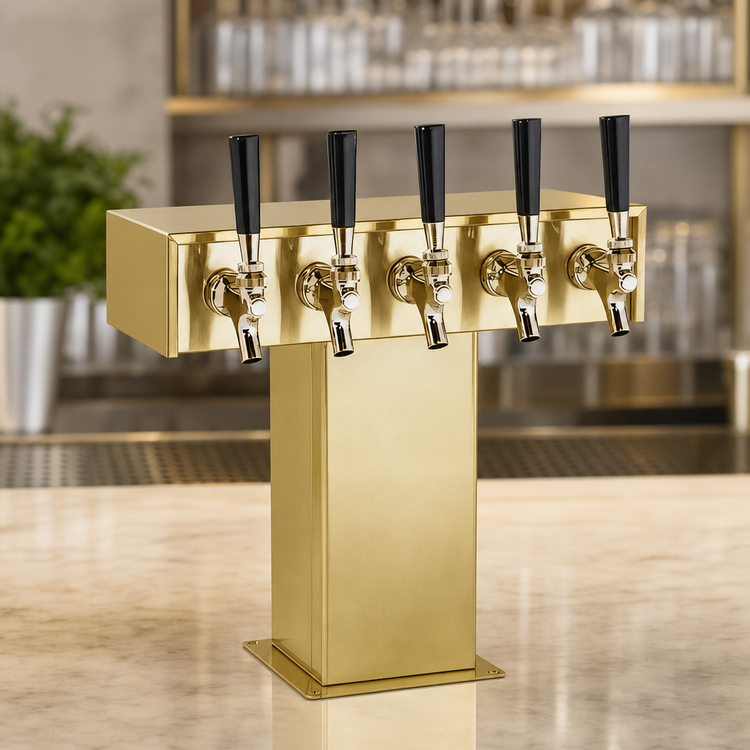 Product image #3 for Perlick Extra High 5-Faucet Glycol-Cooled Tee Draft Beer Tower, Countertop, Tarnish-Free Brass