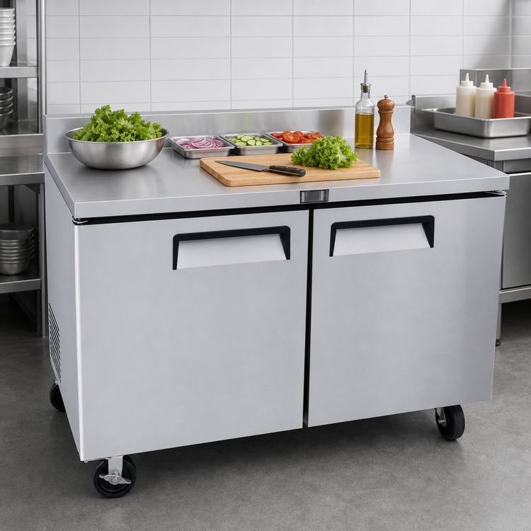 Product image #3 for Atosa Two-Section Reach-In Worktop Refrigerator with Backsplash and Solid Doors, 17.2 Cu. Ft.