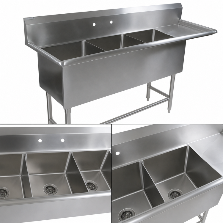 Product image #3 for John Boos Pro-Bowl 3-Compartment Sink with Right Drainboard, 30" x 24" Bowls, 124-3/16" Wide, 16-Gauge Stainless Steel