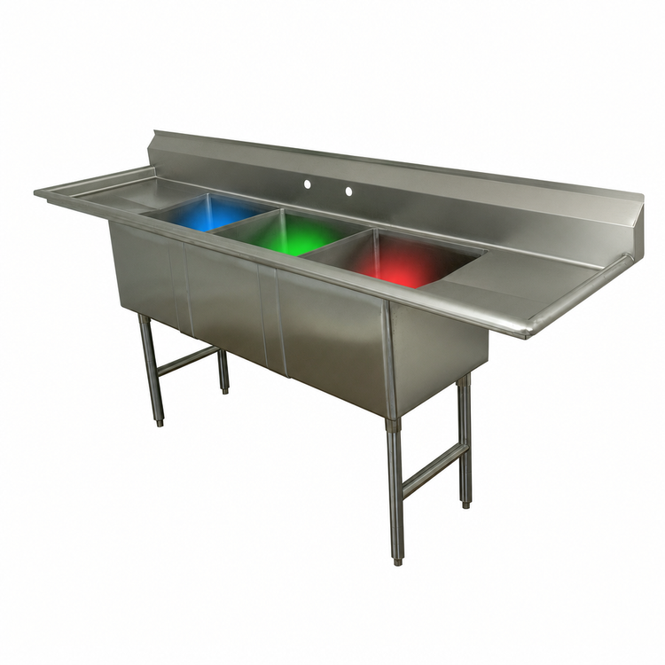 Product image #3 for Advance Tabco Special Value Series 90-Inch 3-Compartment Fabricated Sink with Left and Right Drainboards