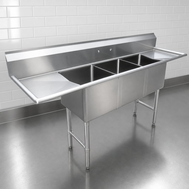 Product image #3 for Steel Works Stainless 18-Gauge 304 Stainless Steel Three Compartment Sink with Left & Right Drainboards