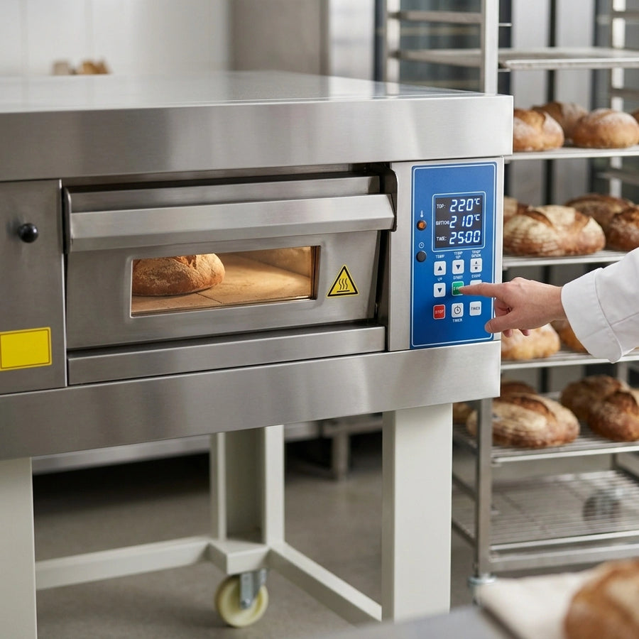 Precise digital controls on this stone hearth deck oven ensure easy temperature and time management for consistent baking results.