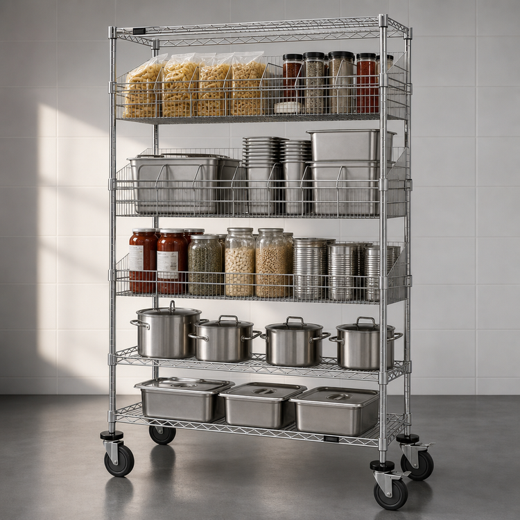 Product image #3 for Quantum Chrome-Plated Post Basket Cart with 3 Wire Shelves and 4 Baskets