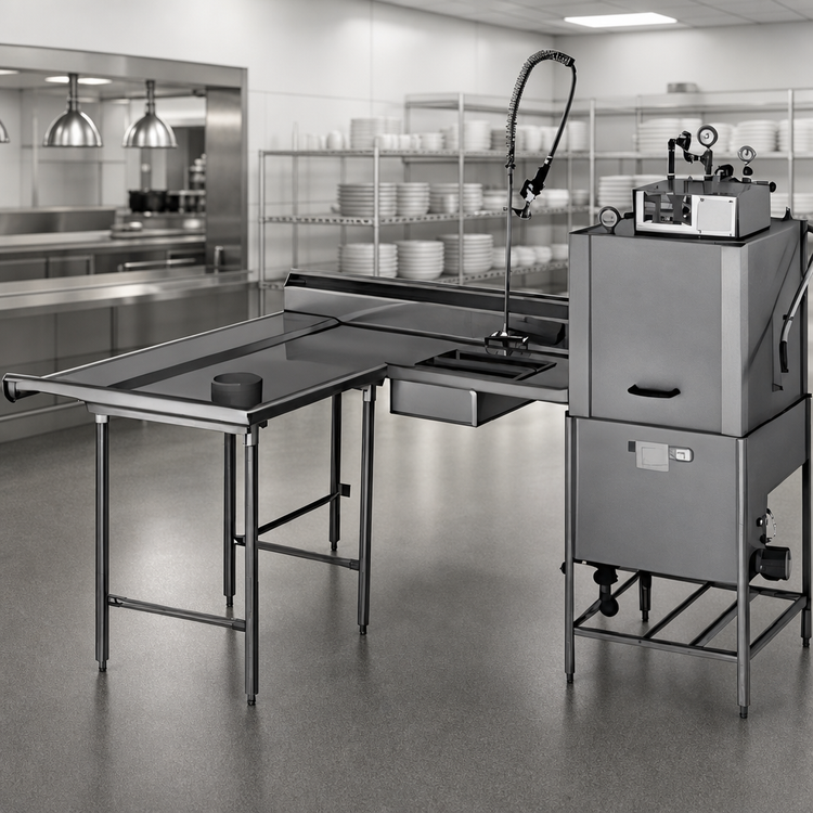 Product image #3 for Eagle Group Island Soiled Dish Table with Landing Shelf and Pre-Rinse Sink, 78" Machine-to-Corner, 60" Corner-to-End, Left-to-Right