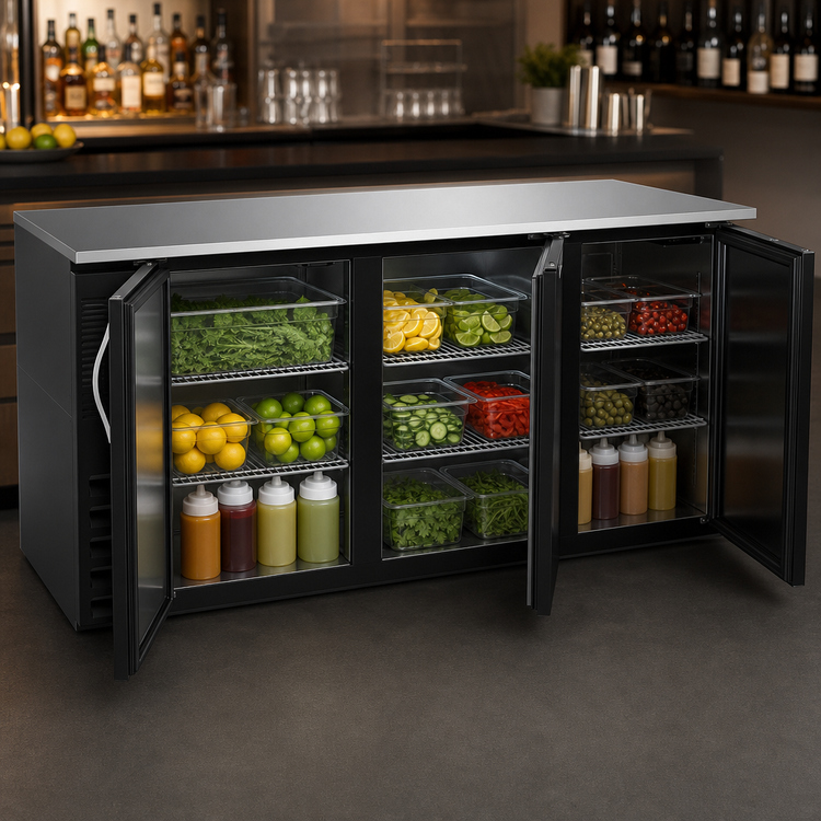 Product image #3 for Beverage Air 72-Inch Three-Section Food-Rated Back Bar Refrigerator with Solid Doors, Black Exterior and Stainless Top