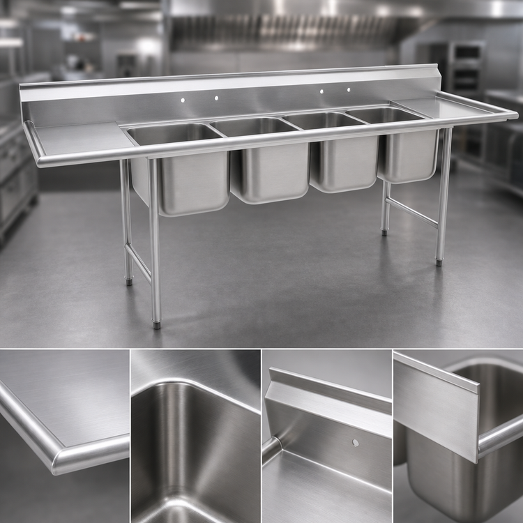 Product image #3 for Eagle 314 Series 128" Four-Compartment Stainless Steel Commercial Sink with Dual 24" Drainboards