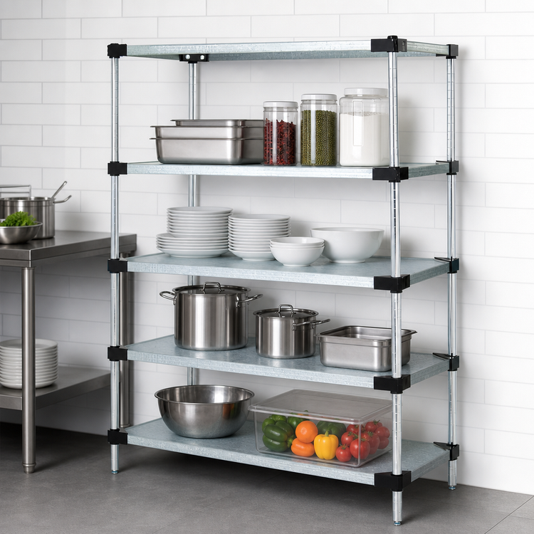 Product image #3 for Quantum 4-Shelf Solid Shelving Starter Kit, 72W x 21D x 54H, Galvanized Steel Shelves, Chrome Posts